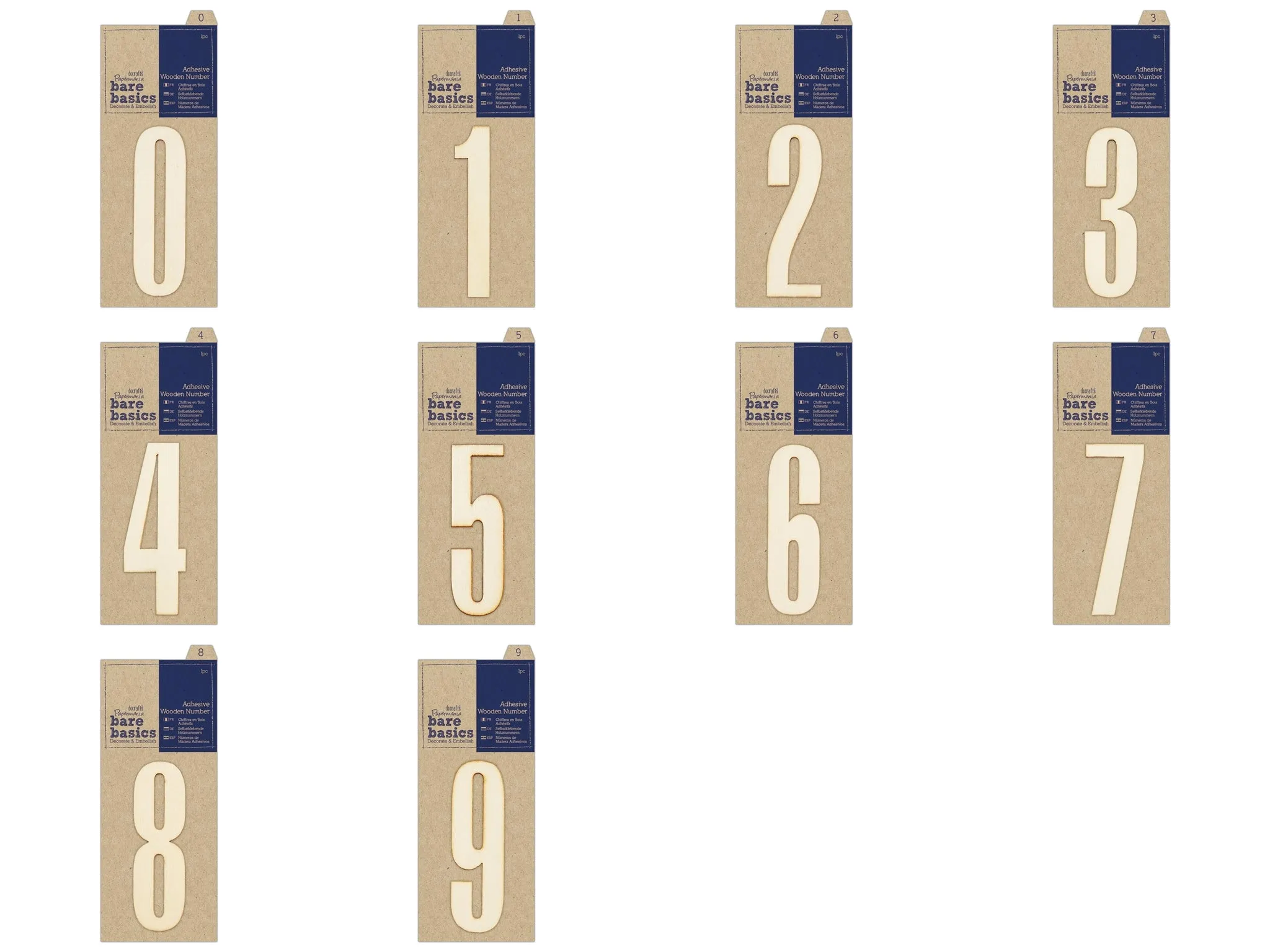 Papermania Bare Basics Adhesive Wooden Numbers (0 - 9) Decoration Scrapbooking Crafts 10cm