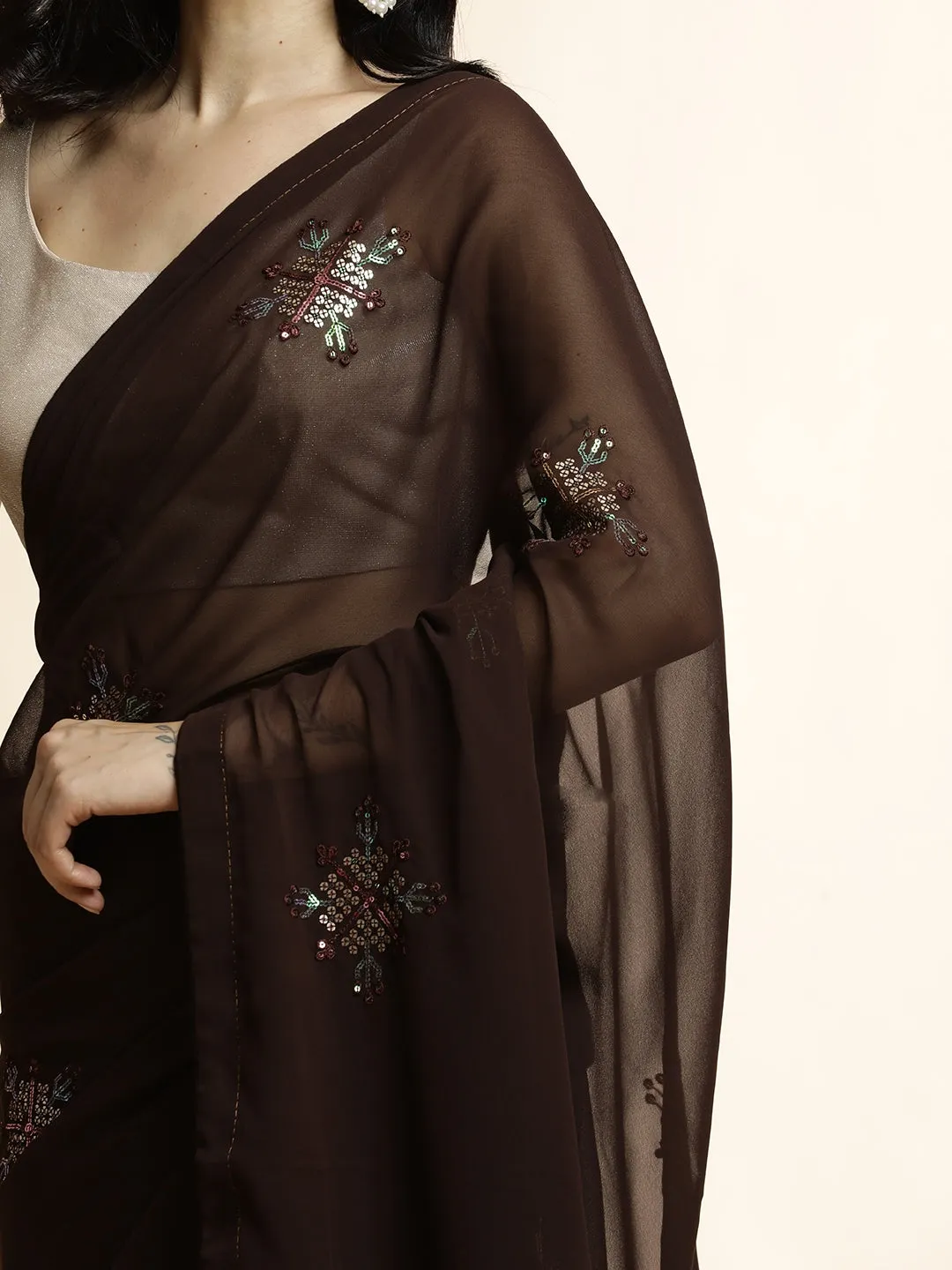 Party Wear Sequin Work Brown Georgette Saree