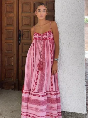 Patchwork Maxi Dress with Tassel Tie and Geometric Floral Print
