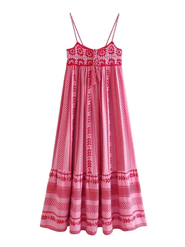 Patchwork Maxi Dress with Tassel Tie and Geometric Floral Print