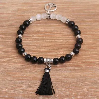 'Peace Balance' Onyx & Cat's Eye Beaded Stretch Charm Bracelet