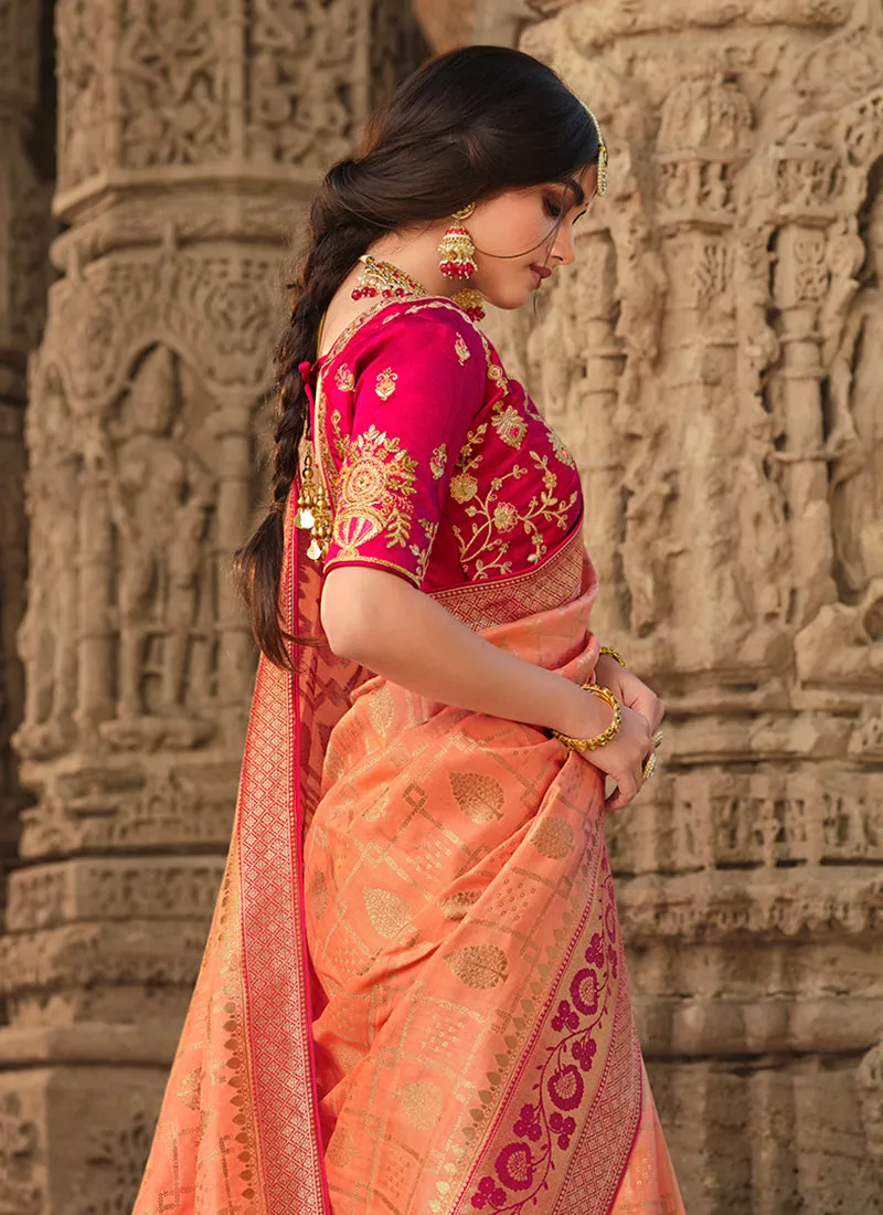Peach And Red Traditional Embroidered Silk Saree