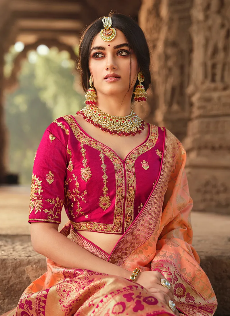 Peach And Red Traditional Embroidered Silk Saree