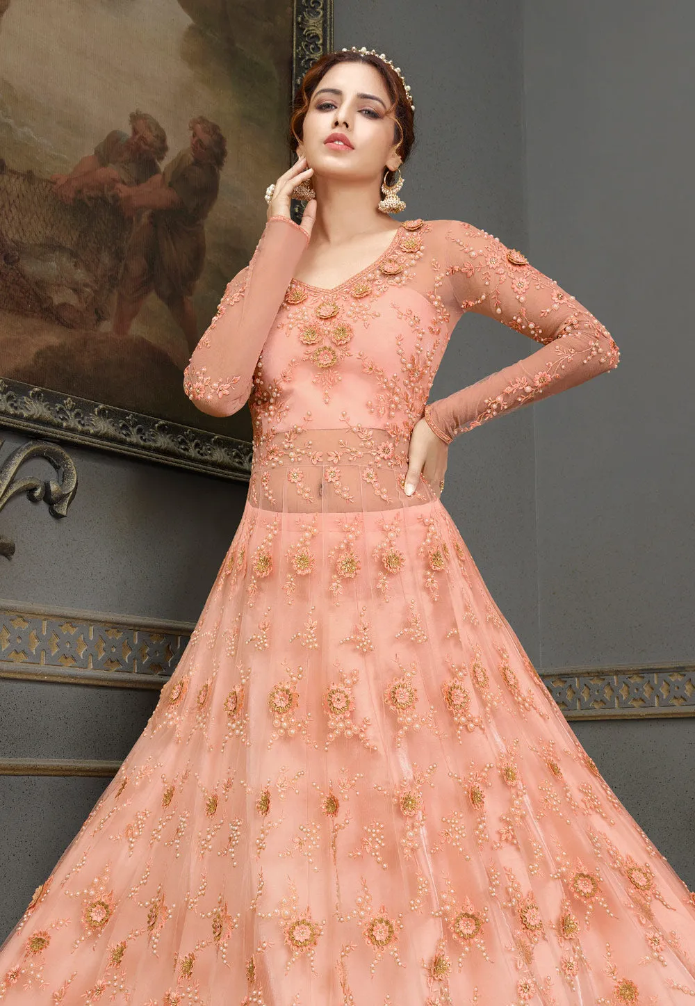 Peach Embroidered Anarkali Lehenga