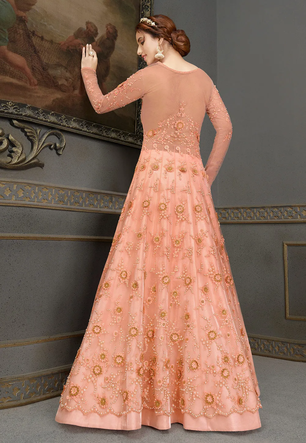 Peach Embroidered Anarkali Lehenga