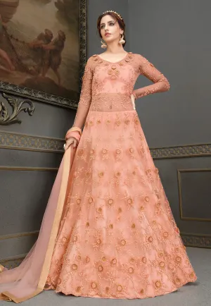 Peach Embroidered Anarkali Lehenga