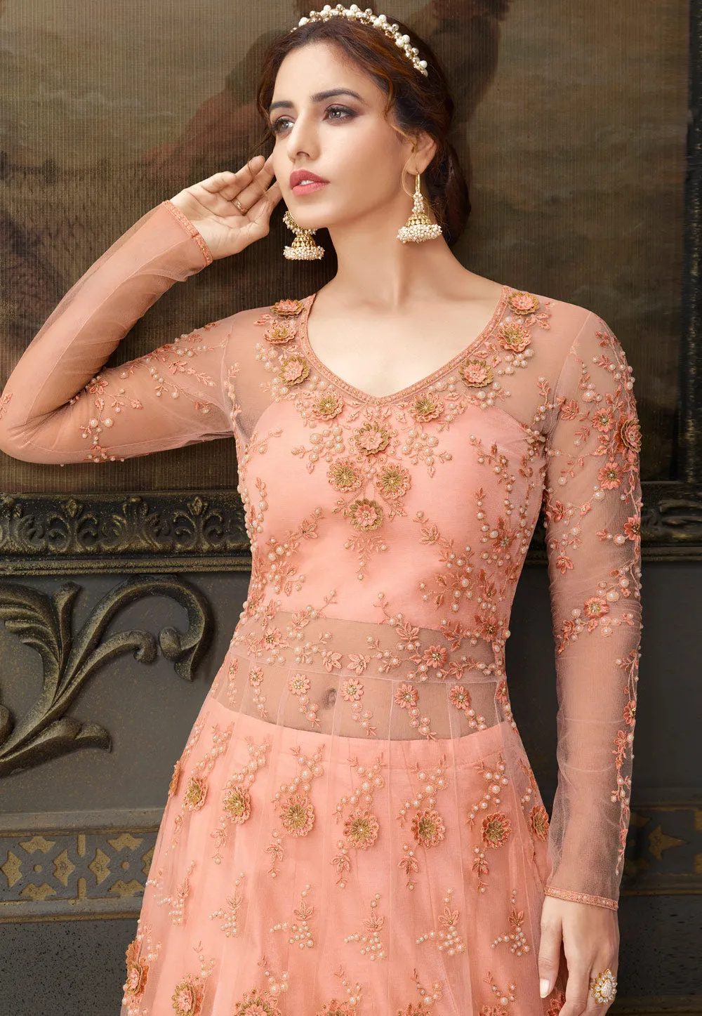 Peach Embroidered Anarkali Lehenga