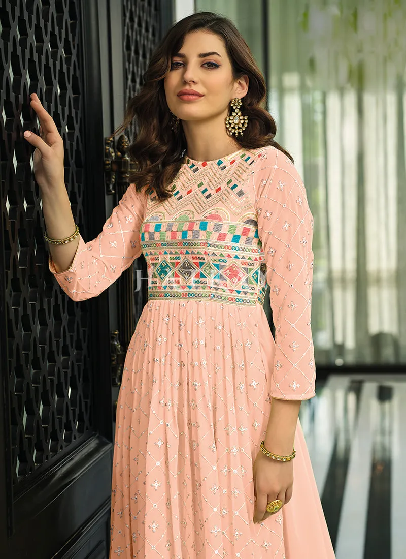 Peach Multi Embroidered Traditional Anarkali Gown