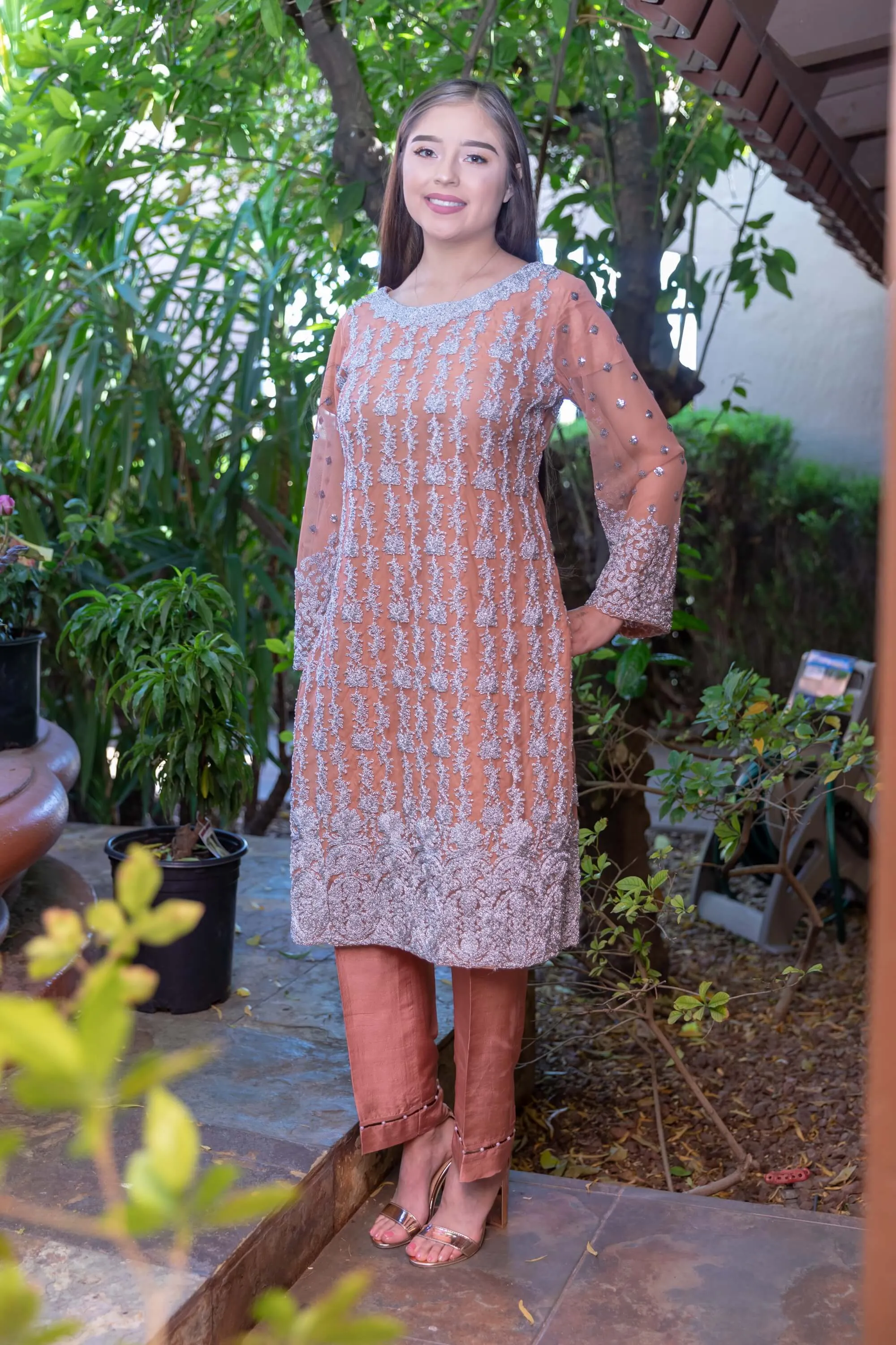 Peach-Pink Chiffon Embroidery Suit with Silk Pants with Lace