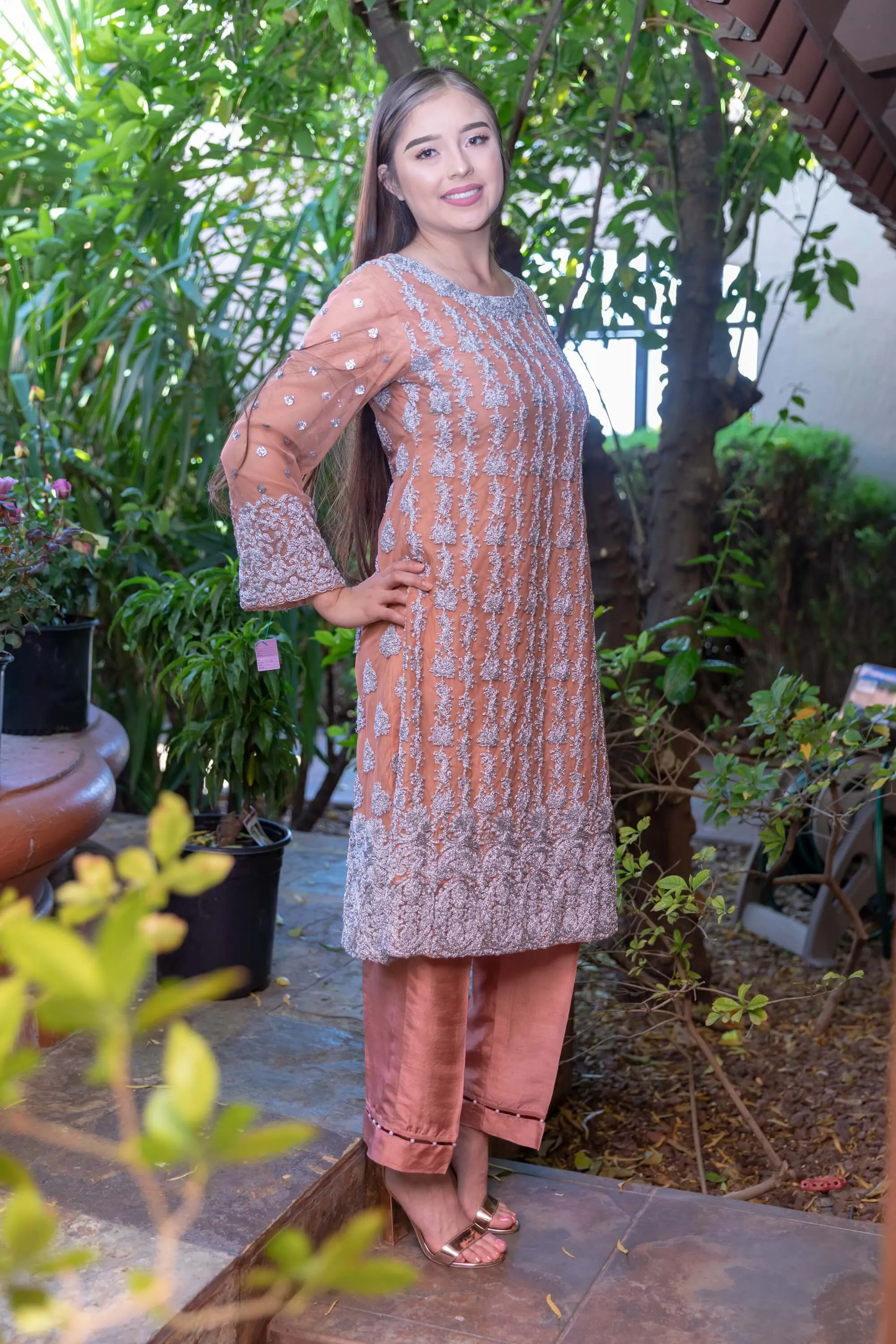 Peach-Pink Chiffon Embroidery Suit with Silk Pants with Lace
