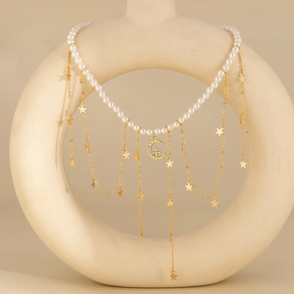 Pearl & Cubic Zirconia 18K Gold-Plated Celestial Tassel Collar Necklace