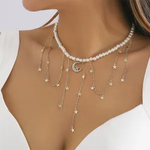 Pearl & Cubic Zirconia 18K Gold-Plated Celestial Tassel Collar Necklace