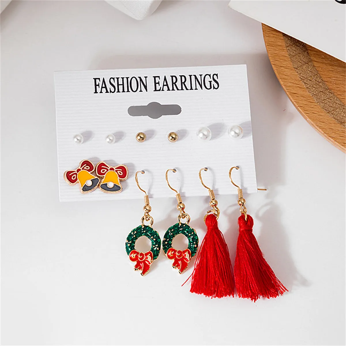 Pearl & Red Bell Bow Tassel Stud & Drop Earrings Set