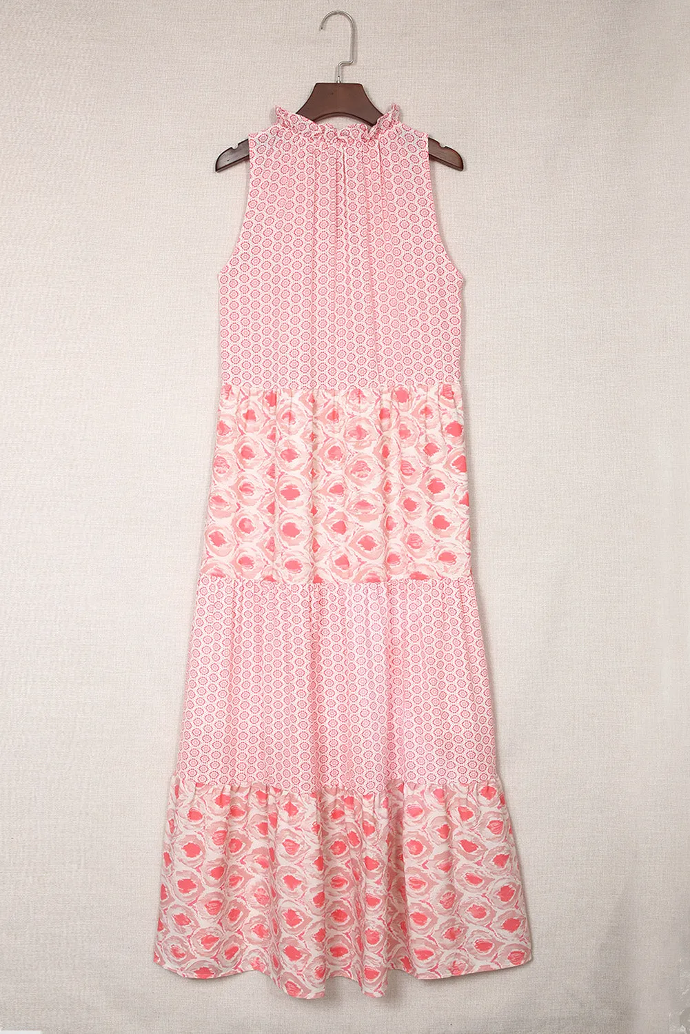 Pink Abstract Print Split Neck Sleeveless Maxi Dress