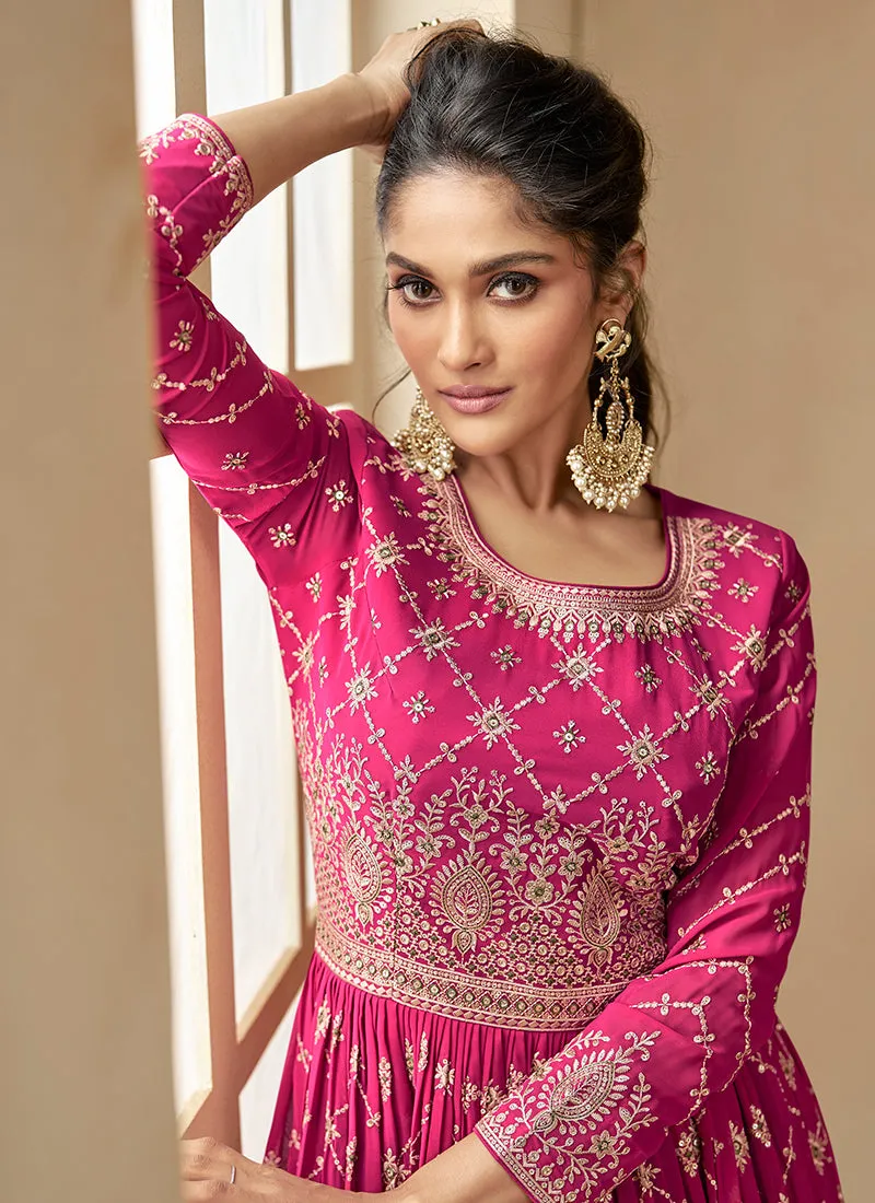 Pink And Green Embroidery Wedding Anarkali Lehenga