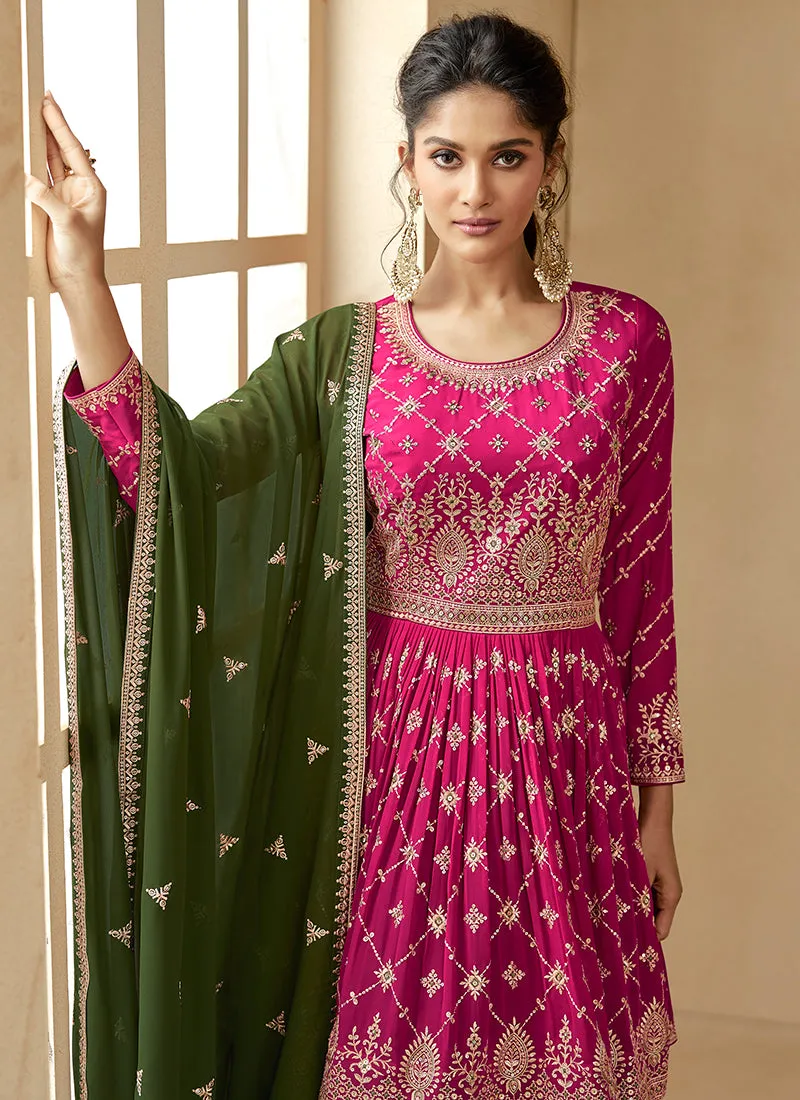 Pink And Green Embroidery Wedding Anarkali Lehenga