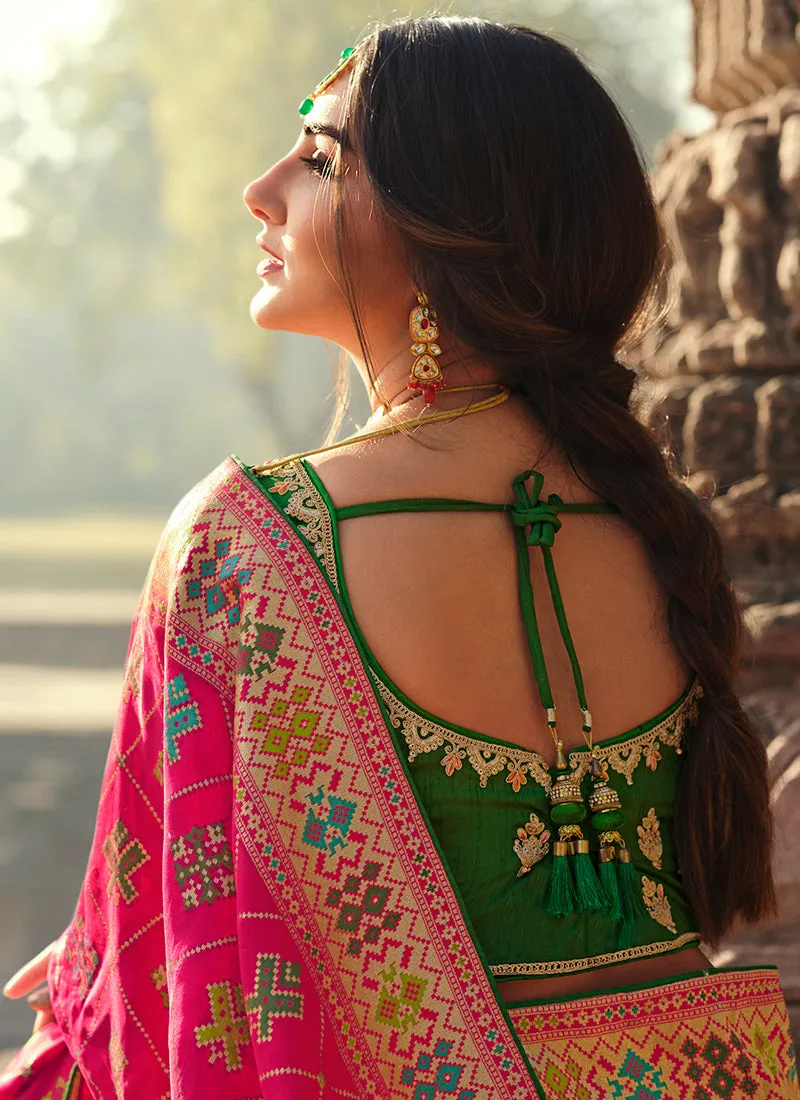 Pink And Green Traditional Embroidered Silk Saree