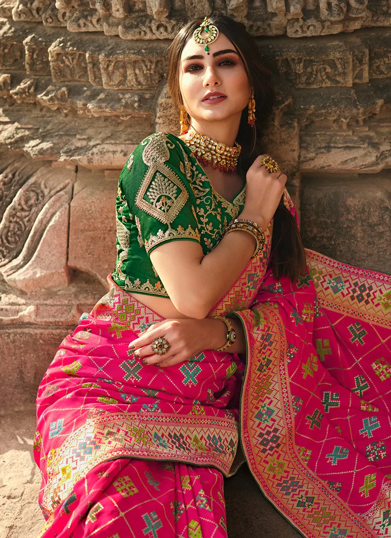 Pink And Green Traditional Embroidered Silk Saree