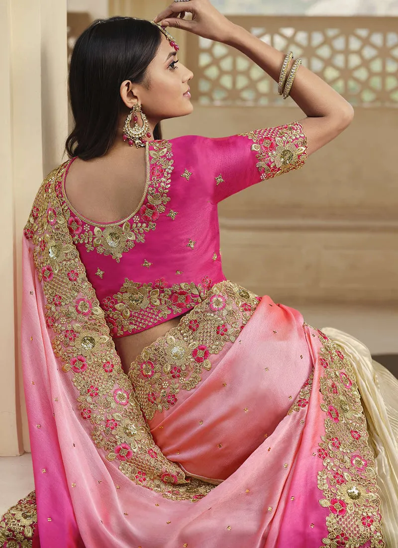 Pink Beige Embroidered Party Wear Saree