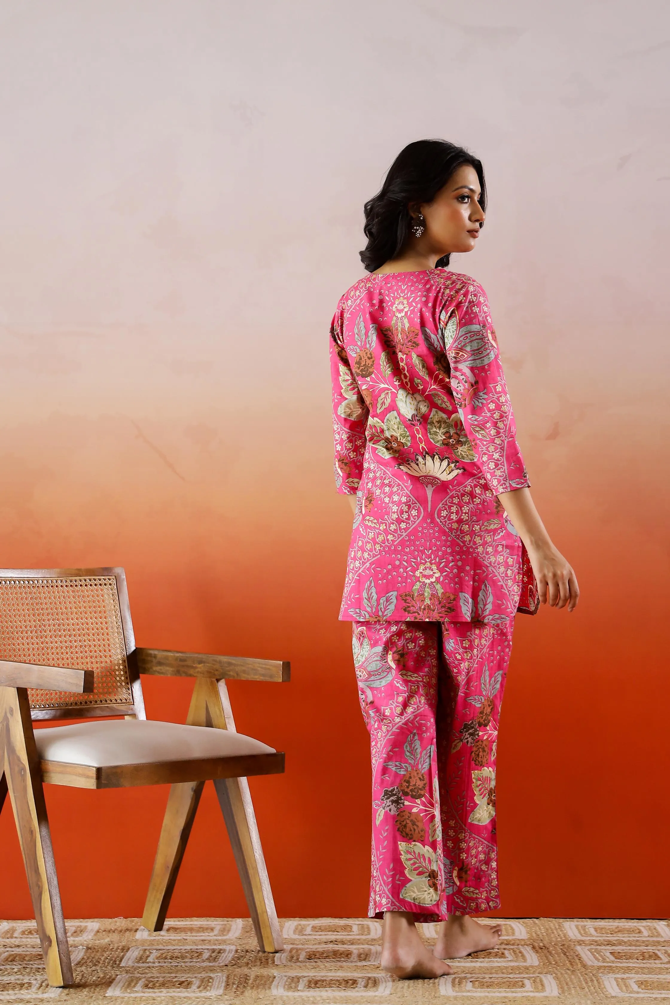 Pink Ethnic Floral Printed Cotton Co-ord Set - Bright Ensemble