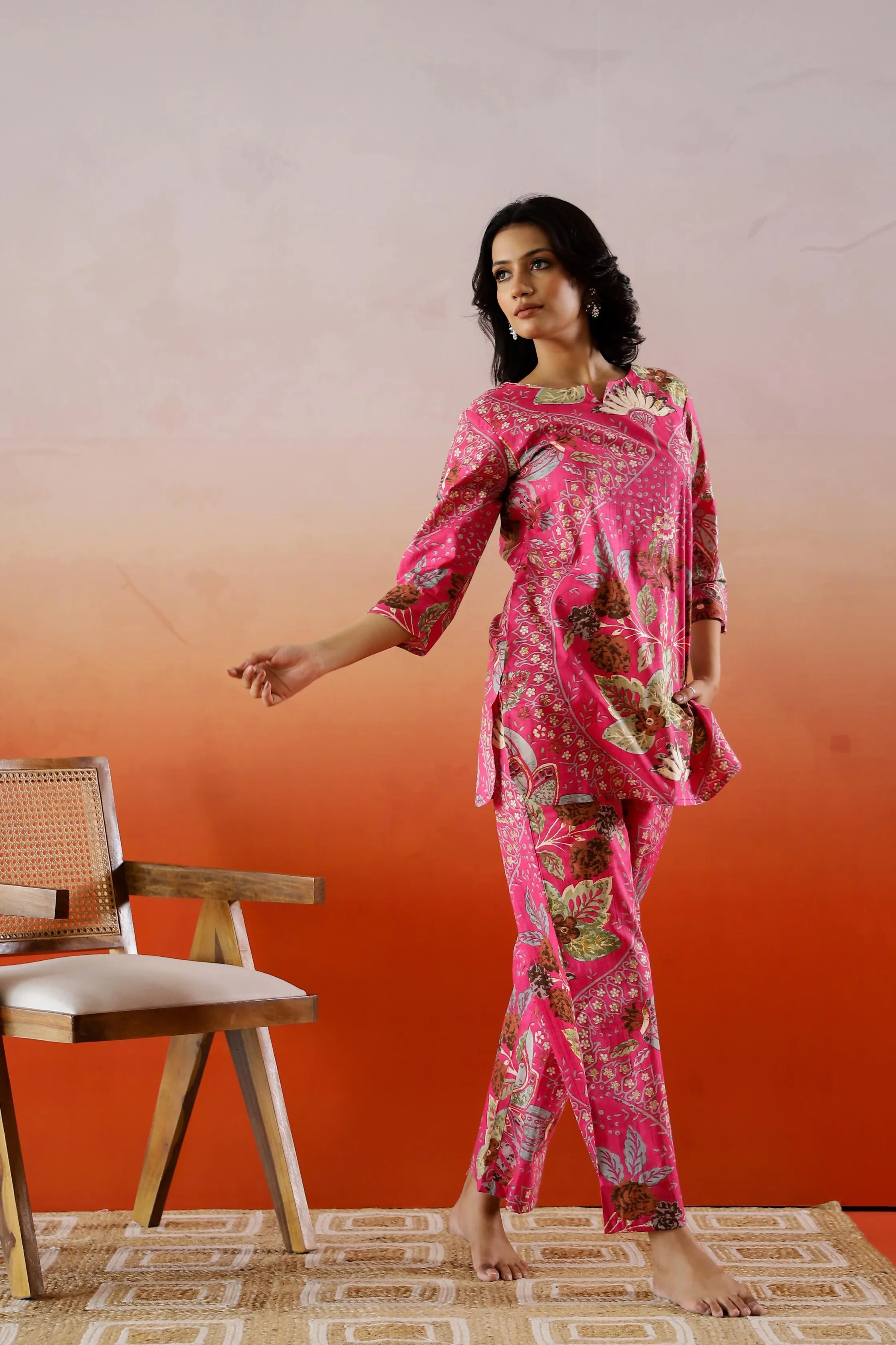 Pink Ethnic Floral Printed Cotton Co-ord Set - Bright Ensemble
