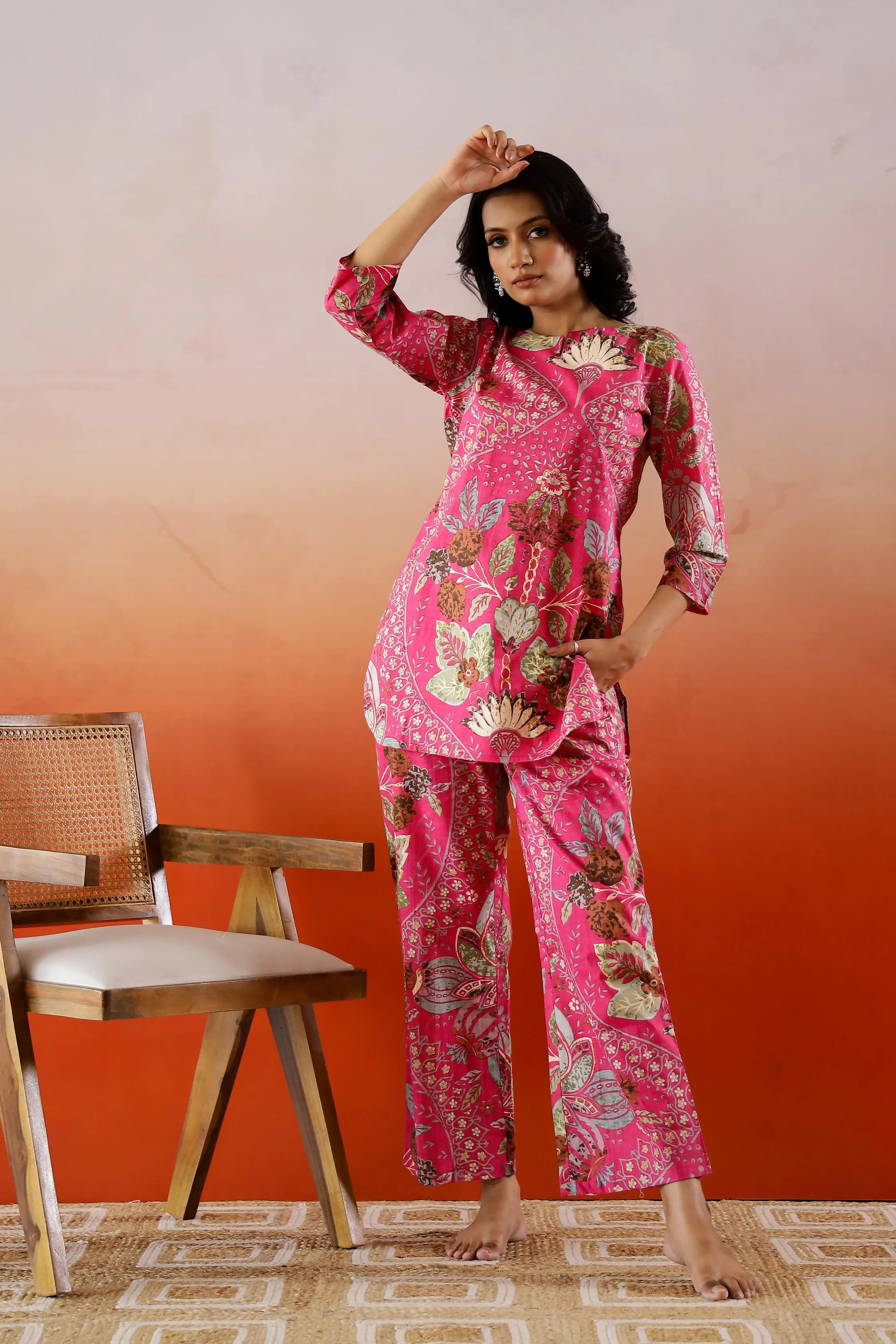 Pink Ethnic Floral Printed Cotton Co-ord Set - Bright Ensemble