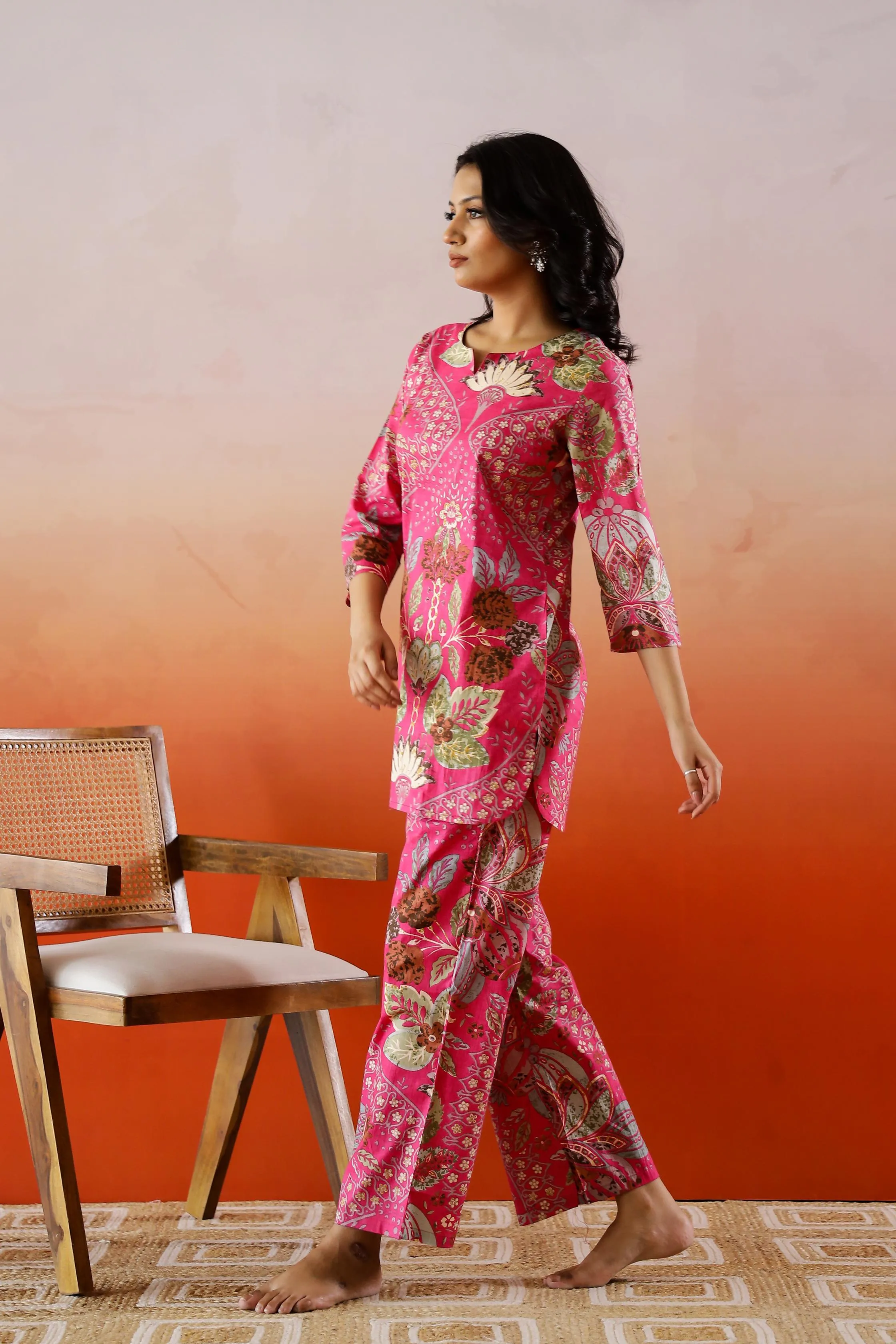Pink Ethnic Floral Printed Cotton Co-ord Set - Bright Ensemble