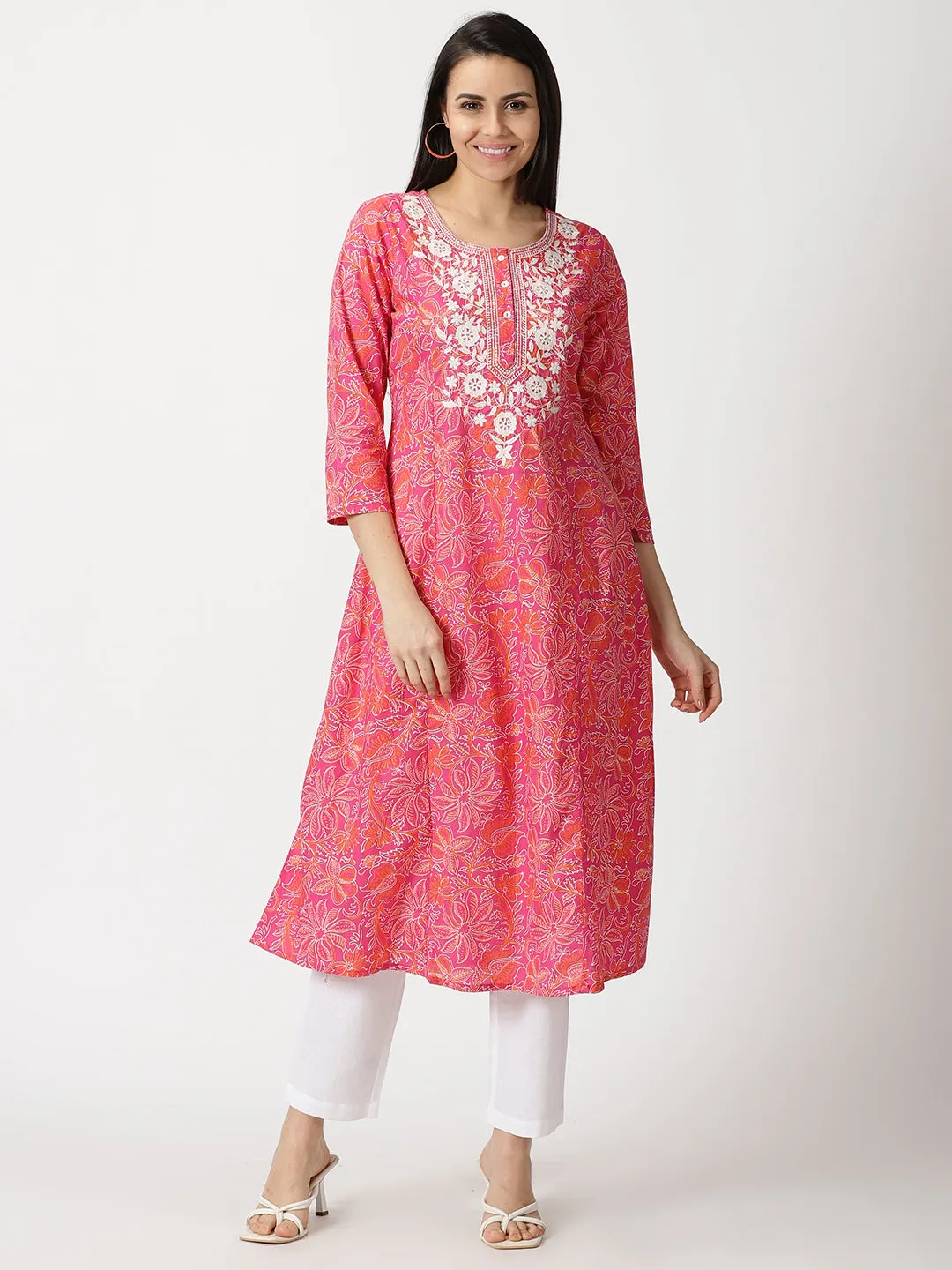 Pink Floral Print Cotton Kurta with Chikankari Yoke Embroidery