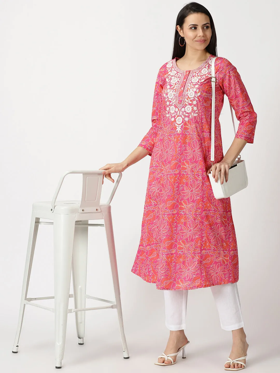 Pink Floral Print Cotton Kurta with Chikankari Yoke Embroidery