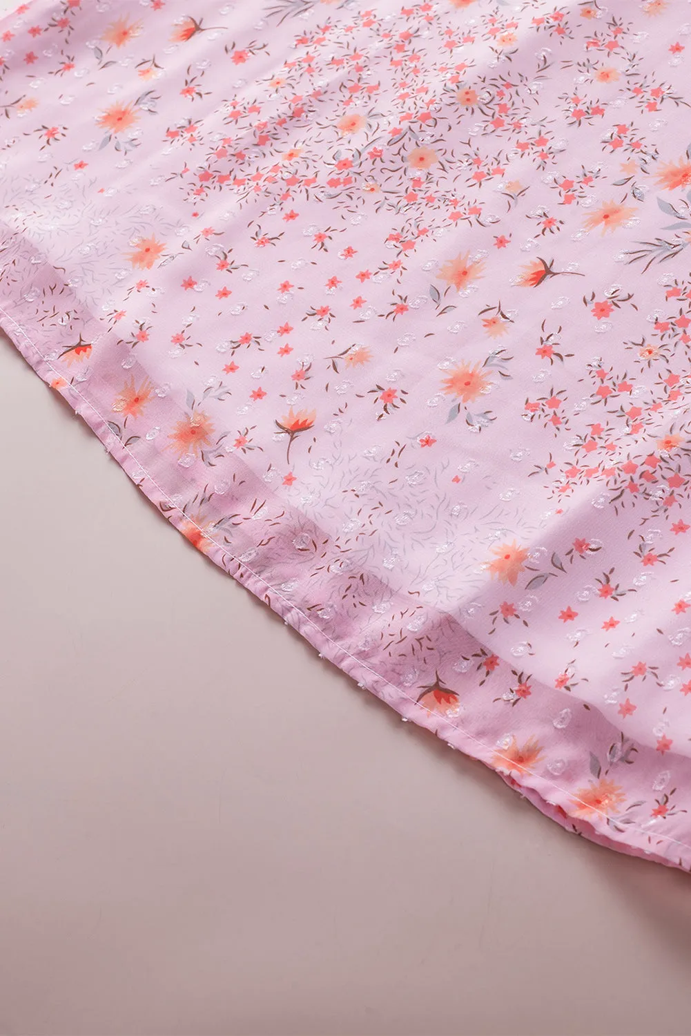 Pink Floral Print Drawstring Frill Trim Sleeveless Top
