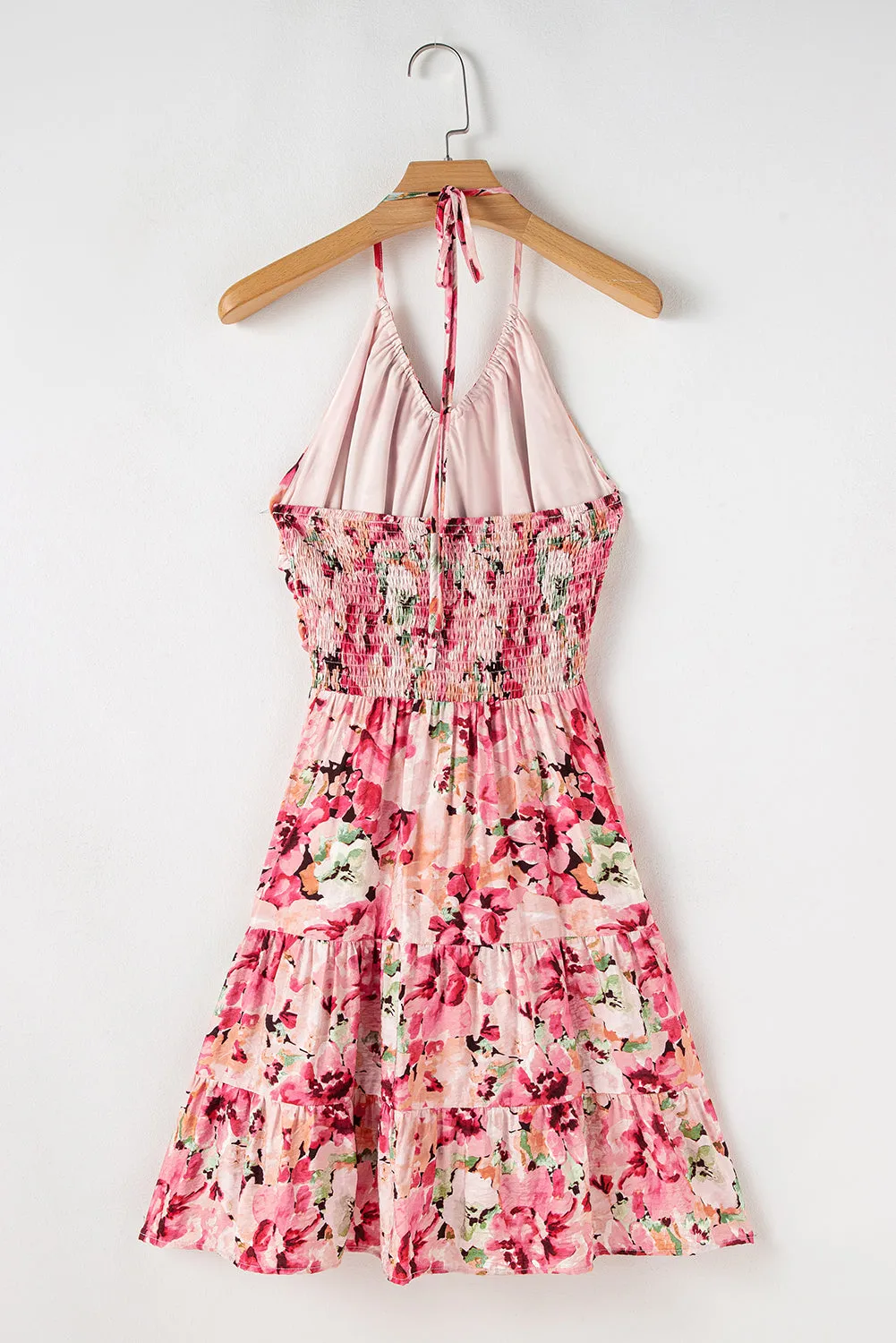 Pink Floral Sleeveless Halter Neck Shirred Back Ruffled Mini Dress