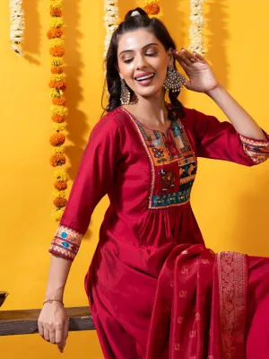 Pink Muslin Suit Set with Floral Printed Dupatta and Solid Pant for women - Zola