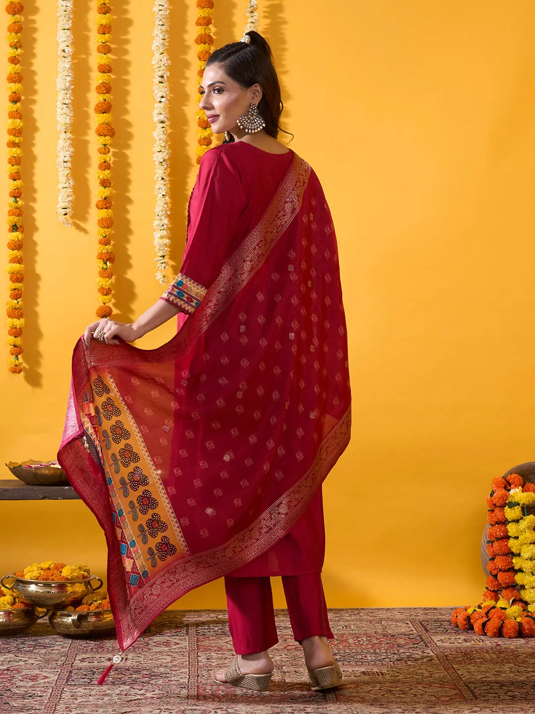 Pink Muslin Suit Set with Floral Printed Dupatta and Solid Pant for women - Zola