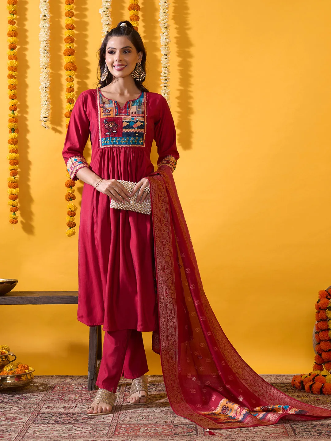 Pink Muslin Suit Set with Floral Printed Dupatta and Solid Pant for women - Zola