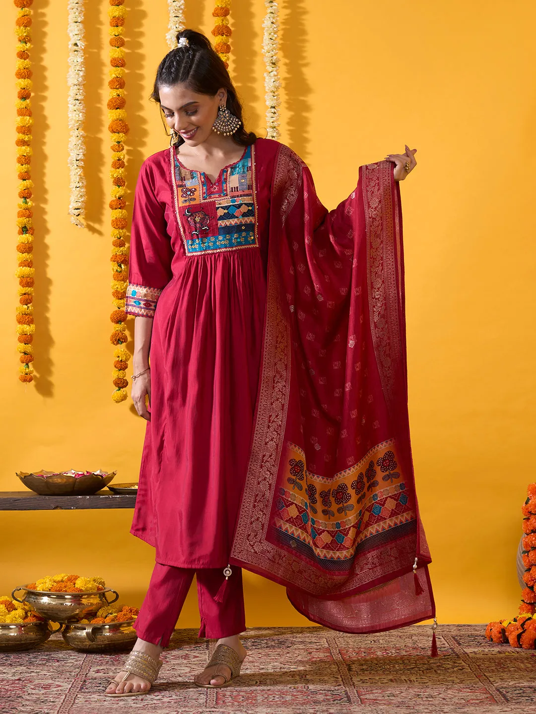 Pink Muslin Suit Set with Floral Printed Dupatta and Solid Pant for women - Zola