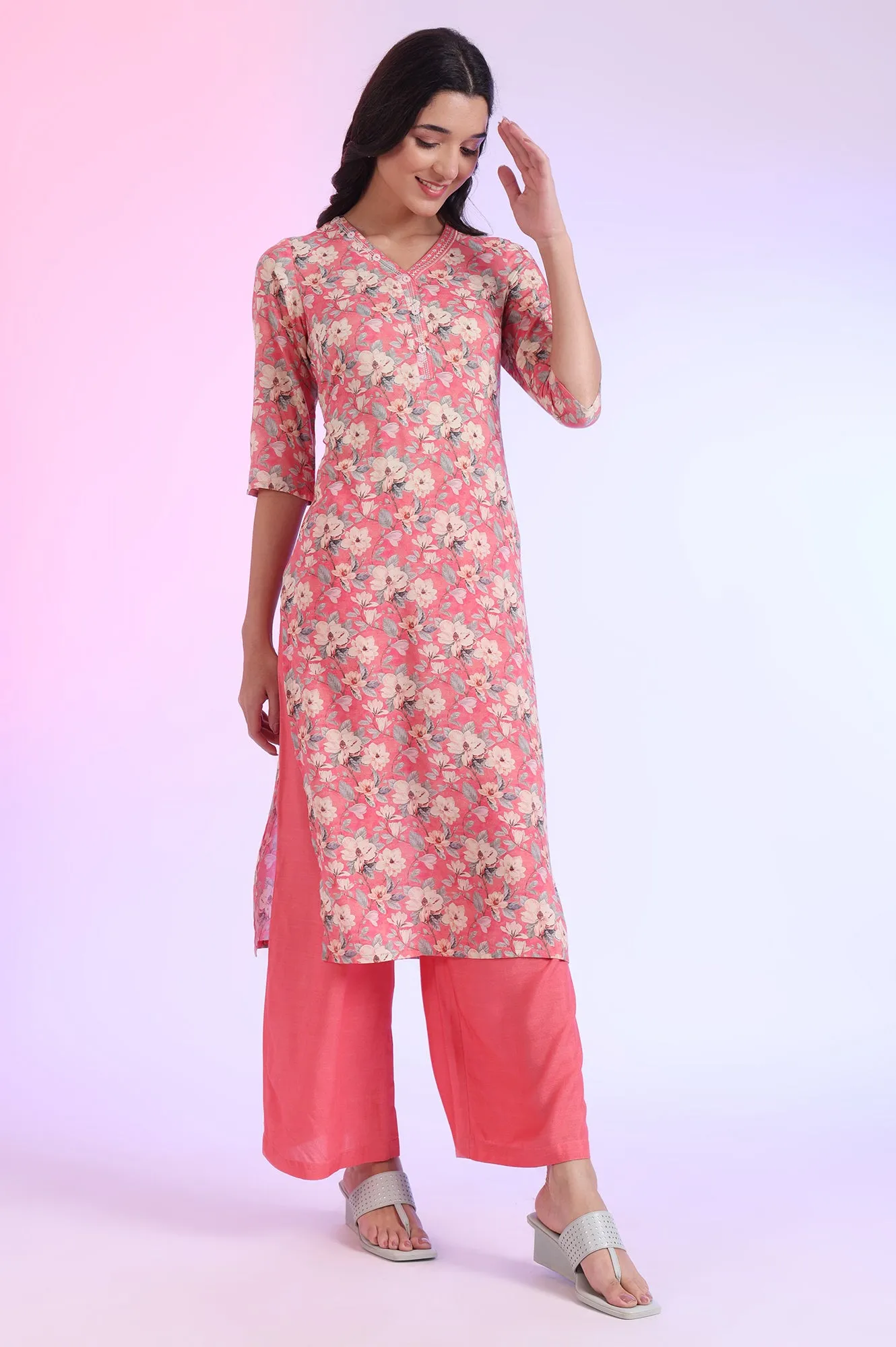 Pink Printed Straight Kurta with Palazzo & Dupatta Set
