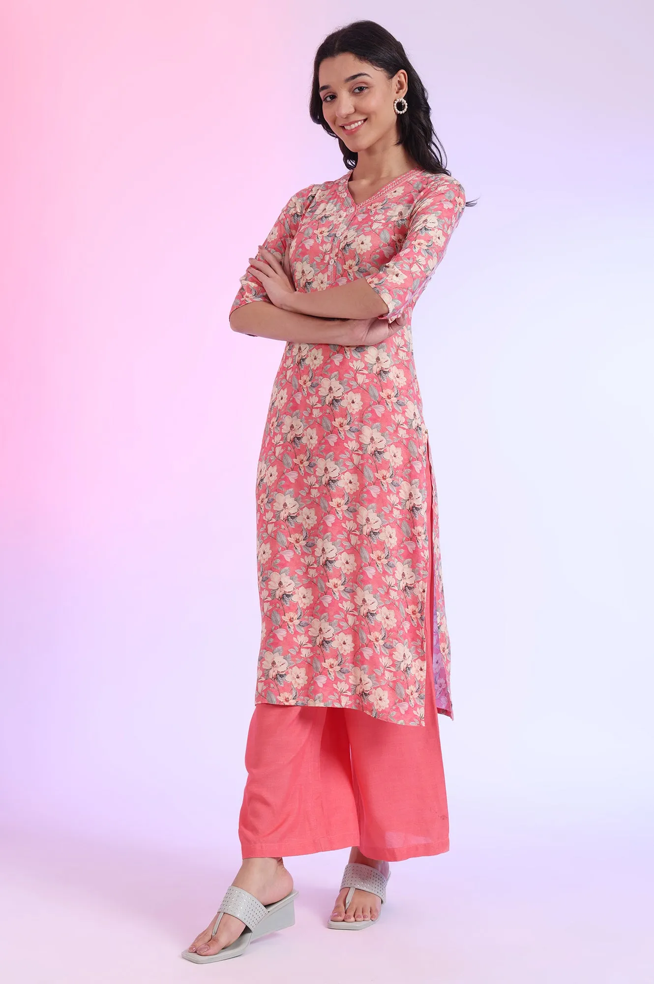 Pink Printed Straight Kurta with Palazzo & Dupatta Set