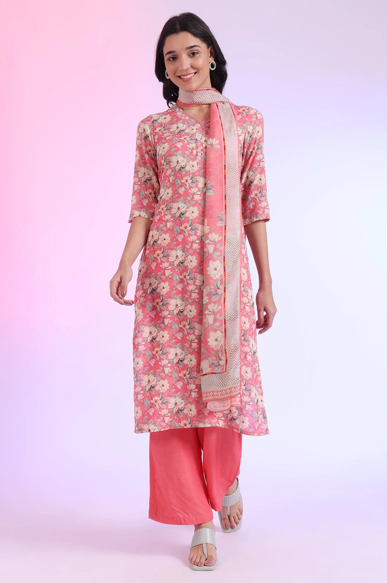 Pink Printed Straight Kurta with Palazzo & Dupatta Set