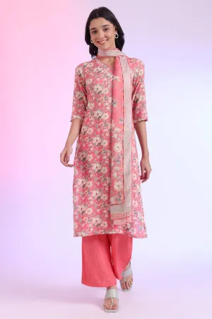 Pink Printed Straight Kurta with Palazzo & Dupatta Set