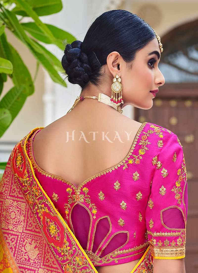 Pink Yellow Traditional Weaved Party Wear Silk Saree