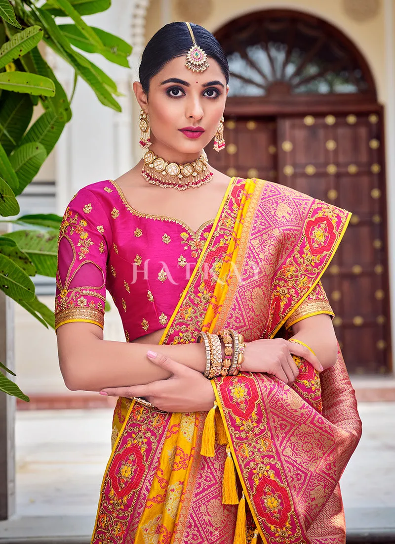 Pink Yellow Traditional Weaved Party Wear Silk Saree