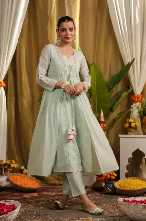 Pista Green Mulmul Gota Work Kurta Pant And Shrug Set