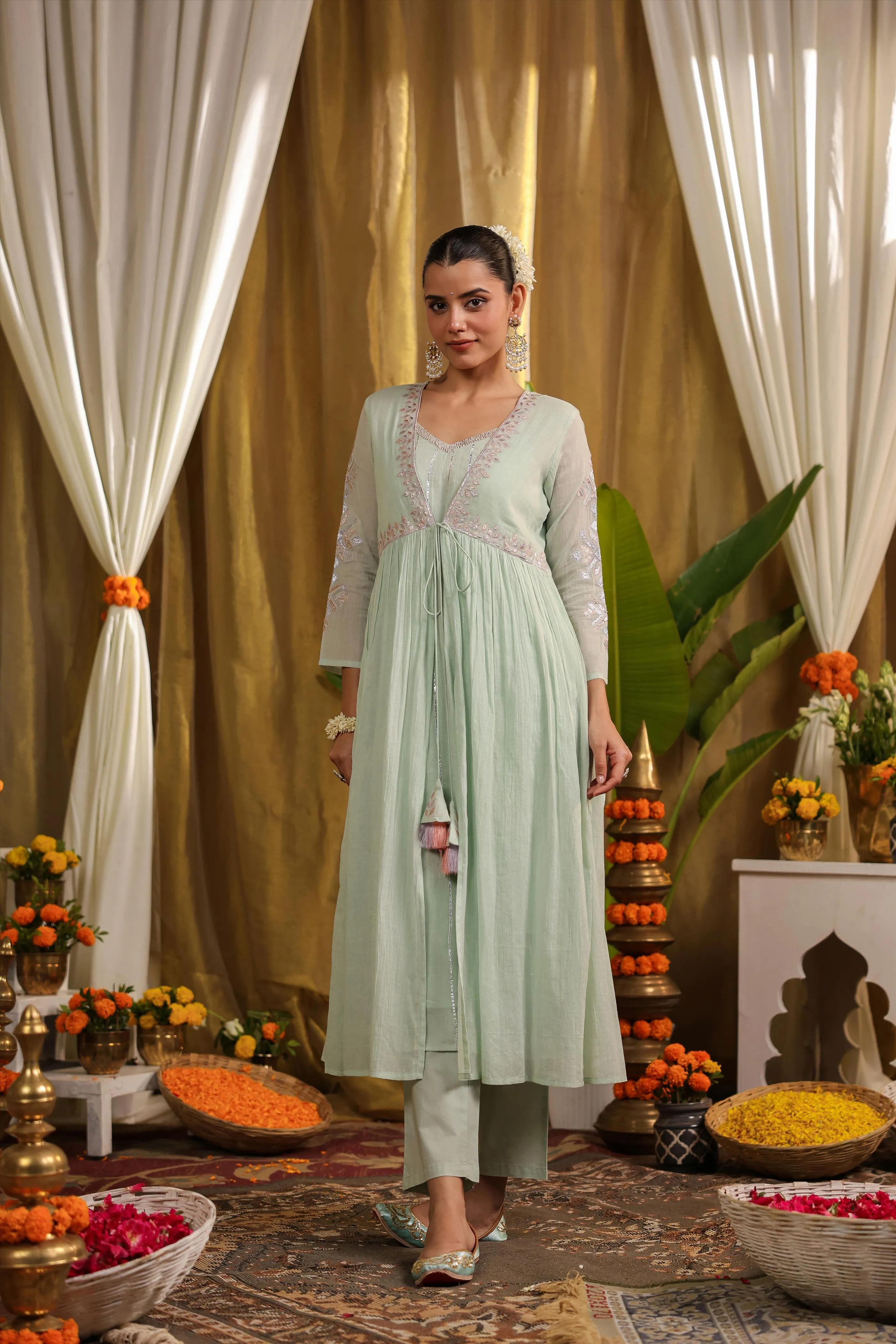 Pista Green Mulmul Gota Work Kurta Pant And Shrug Set