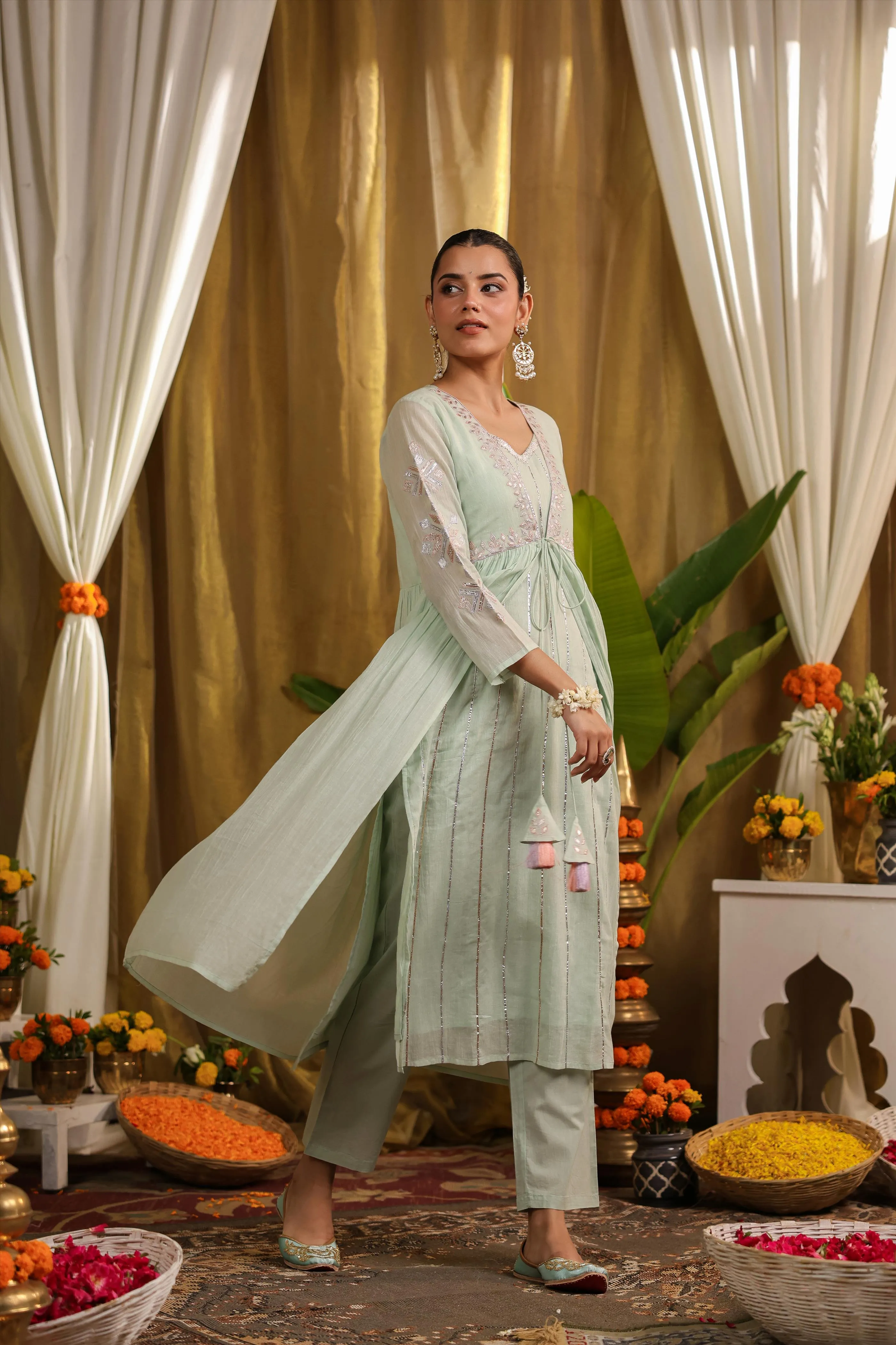 Pista Green Mulmul Gota Work Kurta Pant And Shrug Set