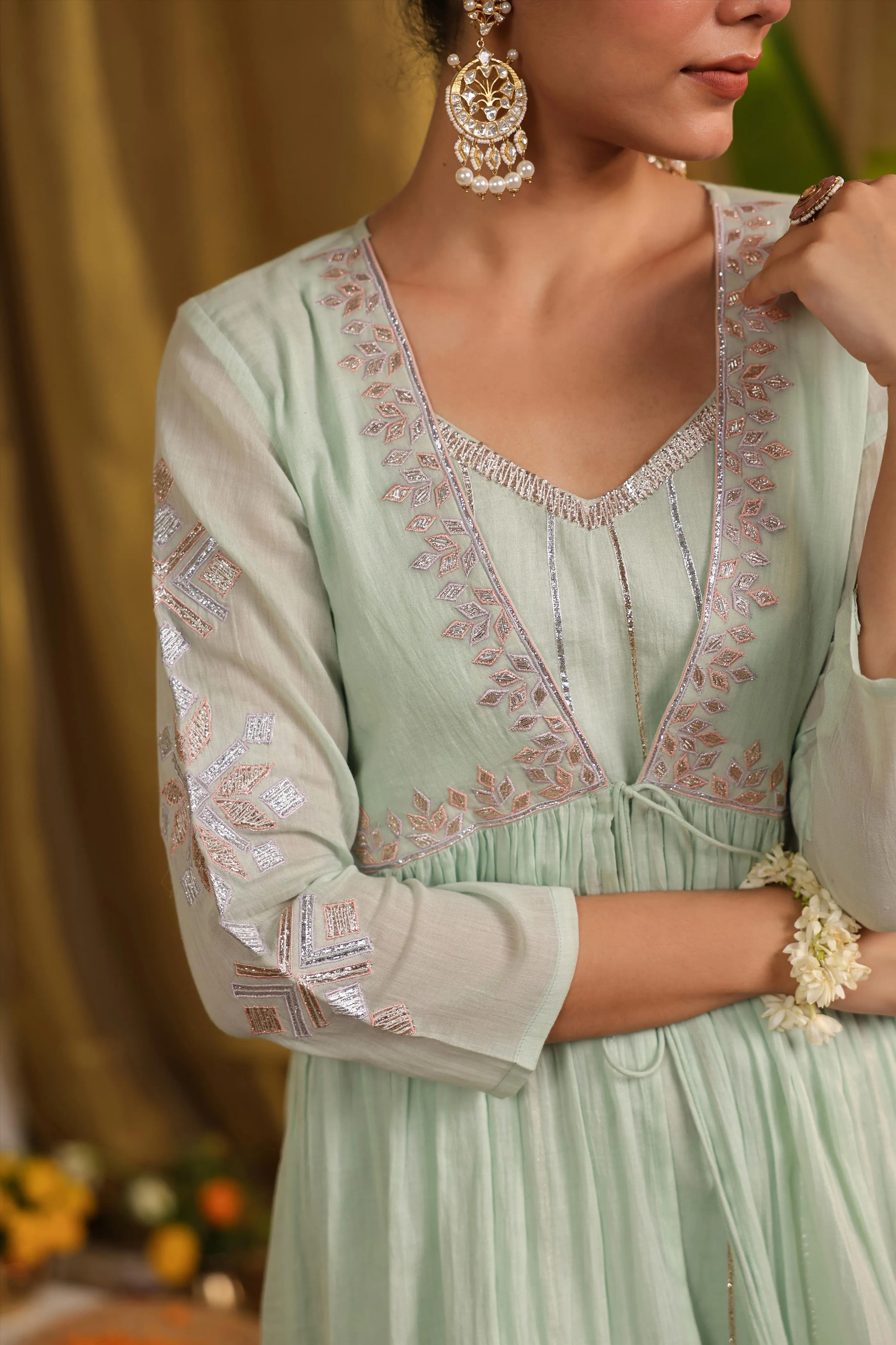 Pista Green Mulmul Gota Work Kurta Pant And Shrug Set