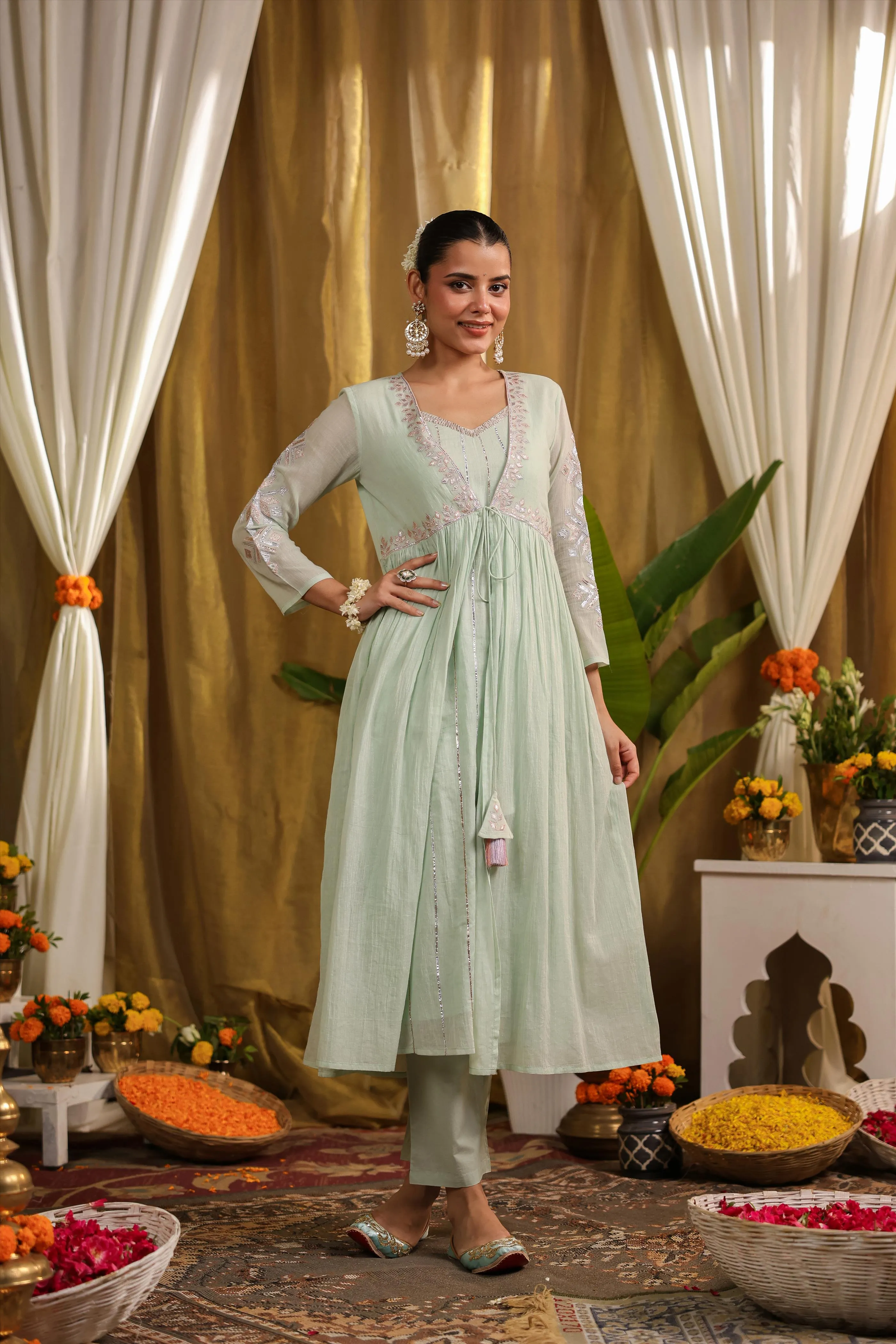 Pista Green Mulmul Gota Work Kurta Pant And Shrug Set