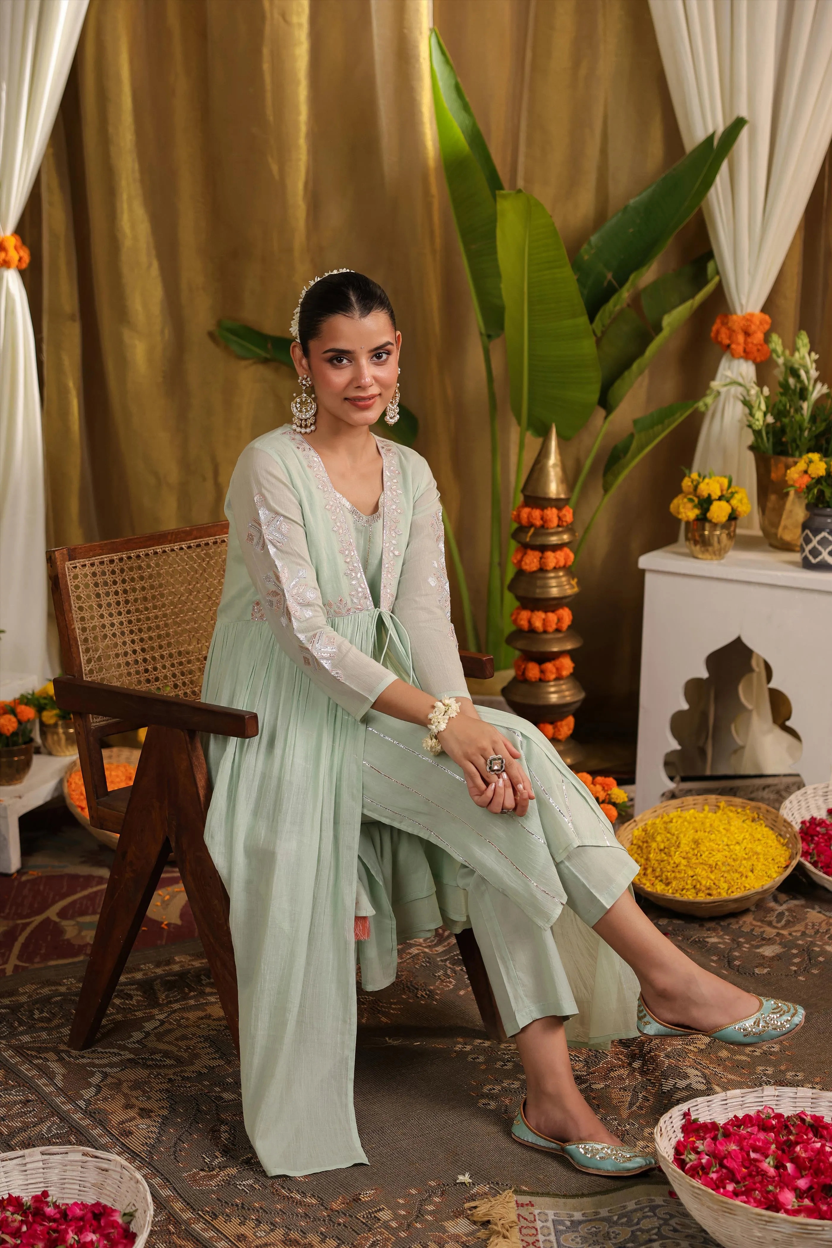 Pista Green Mulmul Gota Work Kurta Pant And Shrug Set