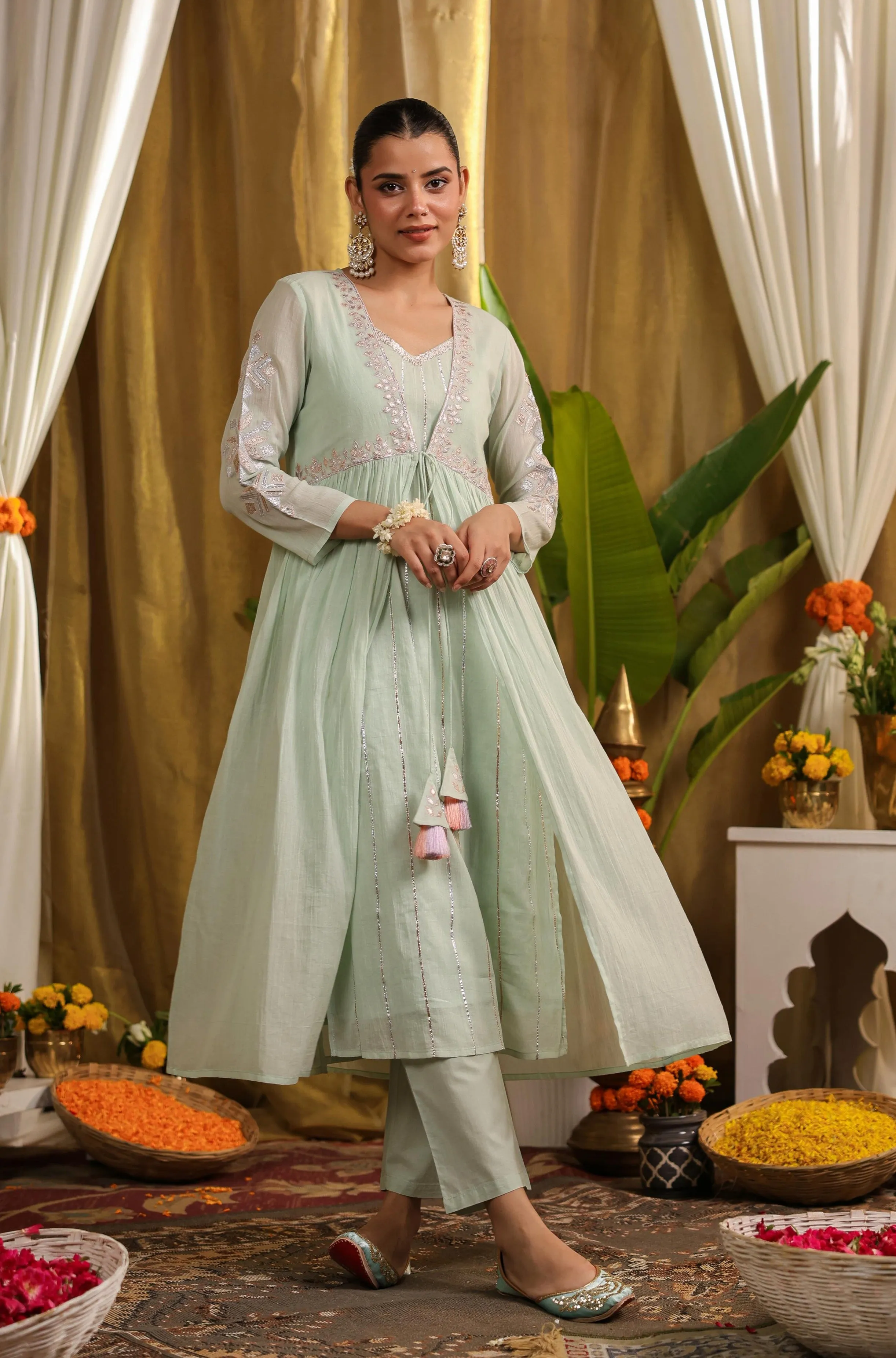 Pista Green Mulmul Gota Work Kurta Pant And Shrug Set