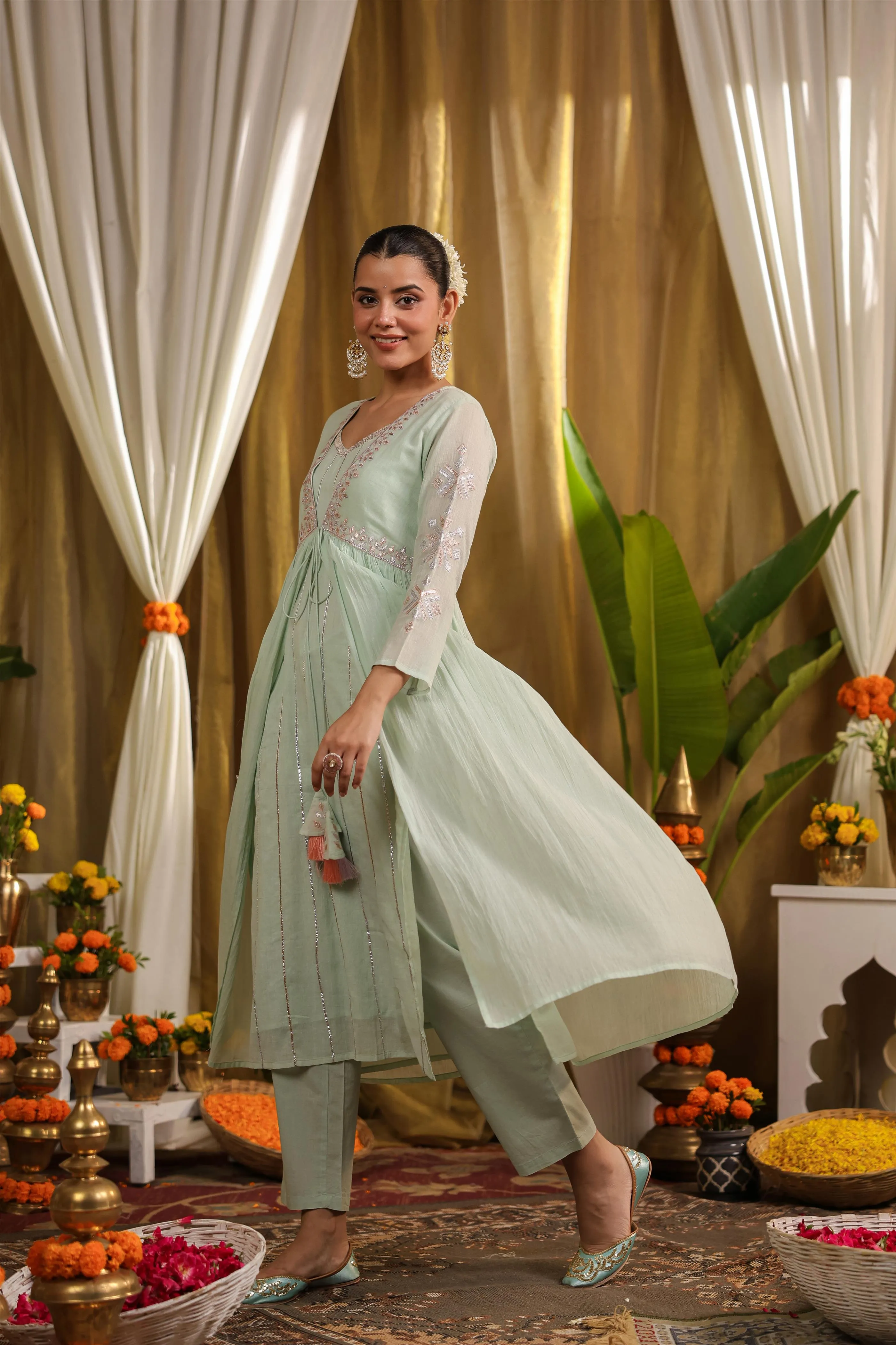 Pista Green Mulmul Gota Work Kurta Pant And Shrug Set