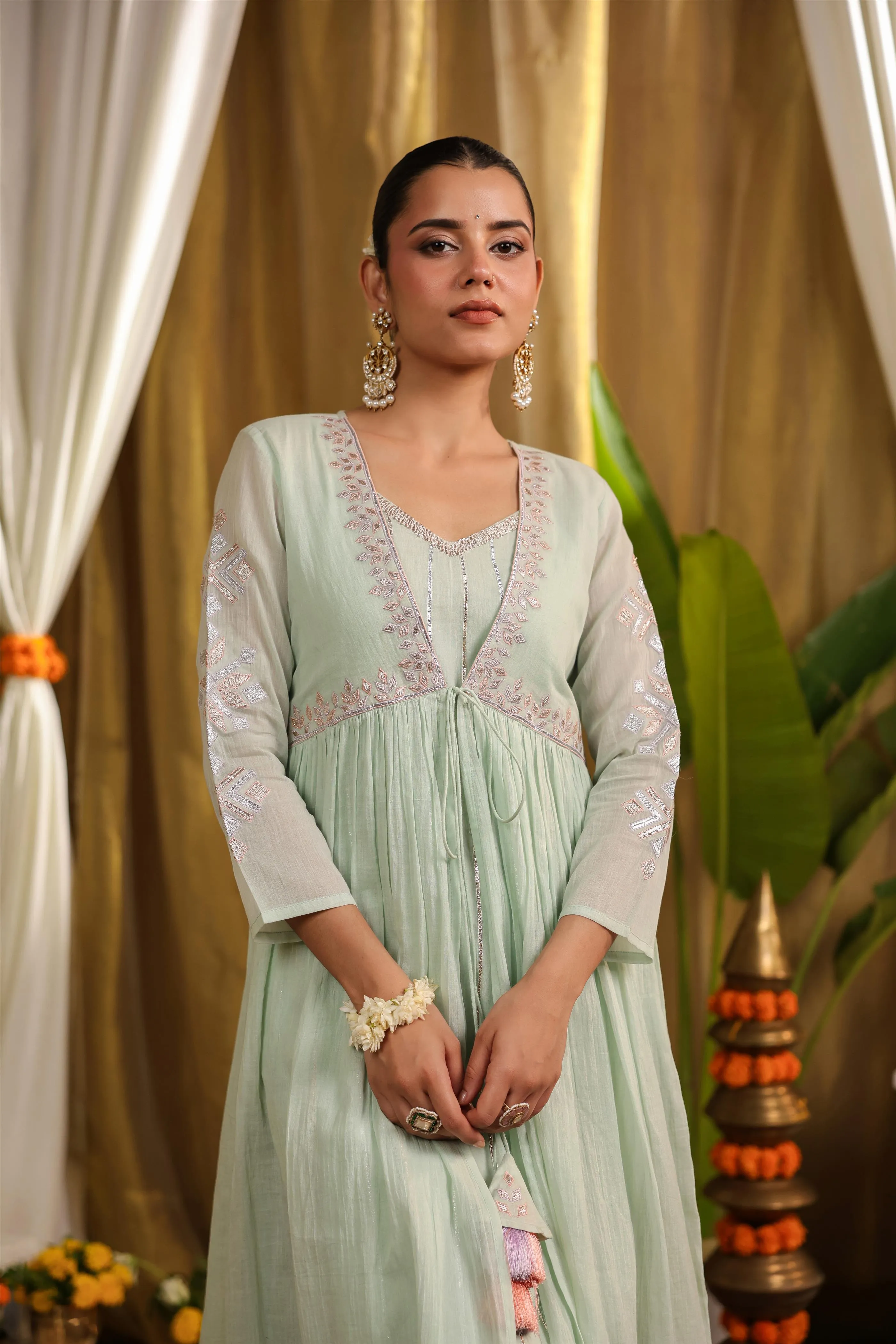Pista Green Mulmul Gota Work Kurta Pant And Shrug Set